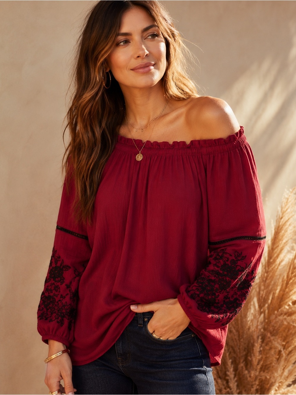 LIV Los Angeles Burgundy Embroidered Peasant Blouse NWT Boho Medium